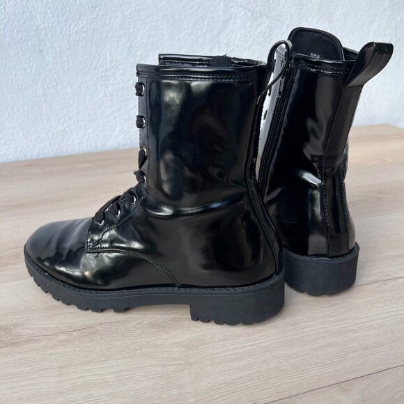 H&M Faux Patent Leather Lace Up & Zip Up Black Combat Boots Size 8 / 90s Grunge - Picture 9 of 12